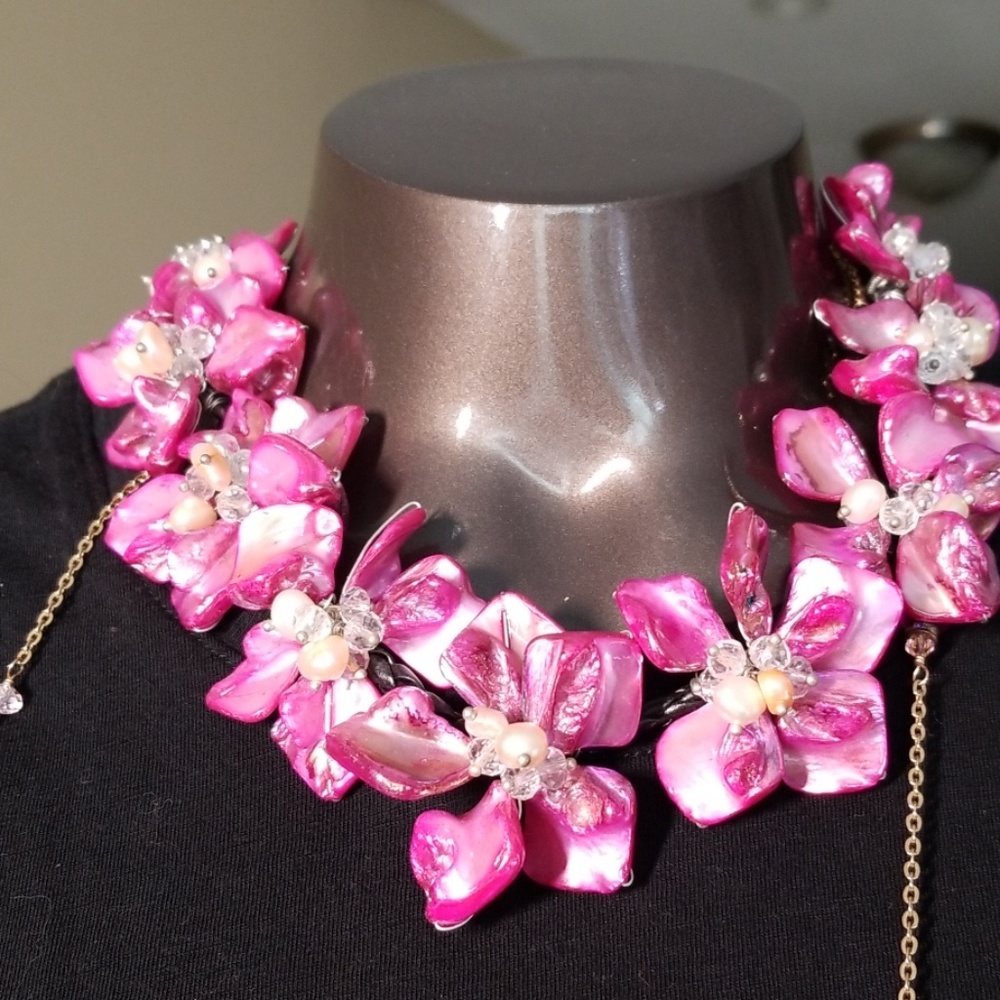 Flower necklace of shells pearls and crystals
